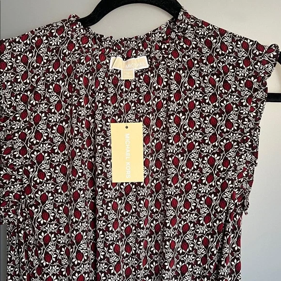 Michael Kors black maroon dress high neck smocked waist ruffed hem size M - Picture 2 of 7